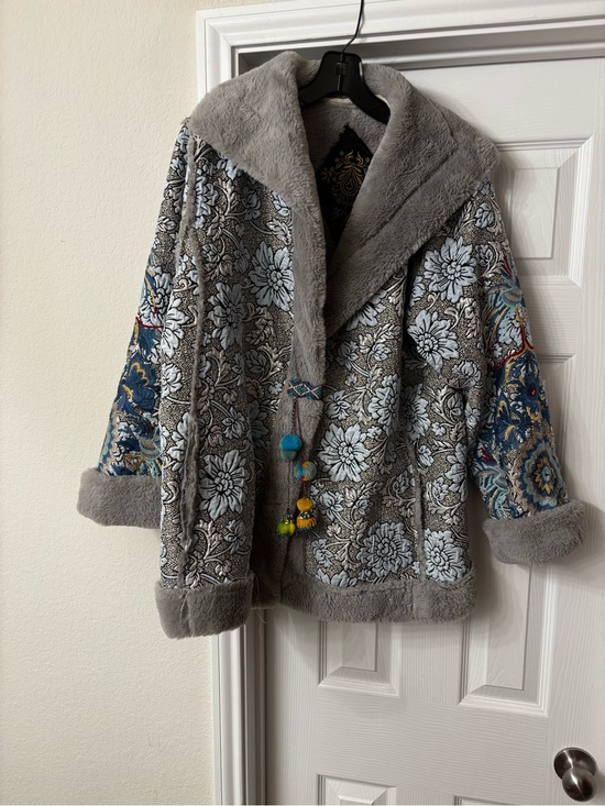 Johnny Was Jackets & Blazers - Johnny Was Gray Floral Teddy Jacket with Blue Embroidered Sleeves